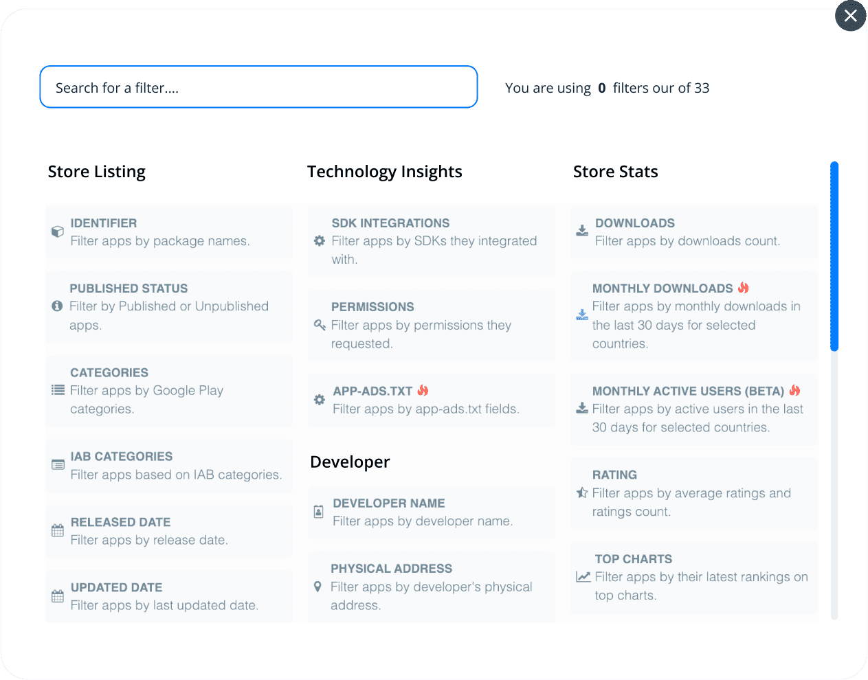 Thousands of App Metrics for Advanced Filtering