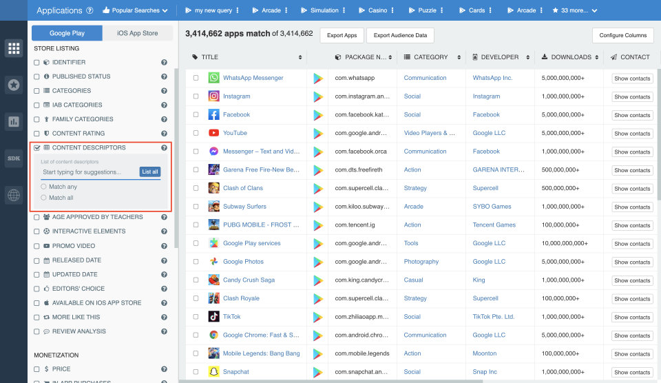 42matters Explorer — Google Play Content Descriptors