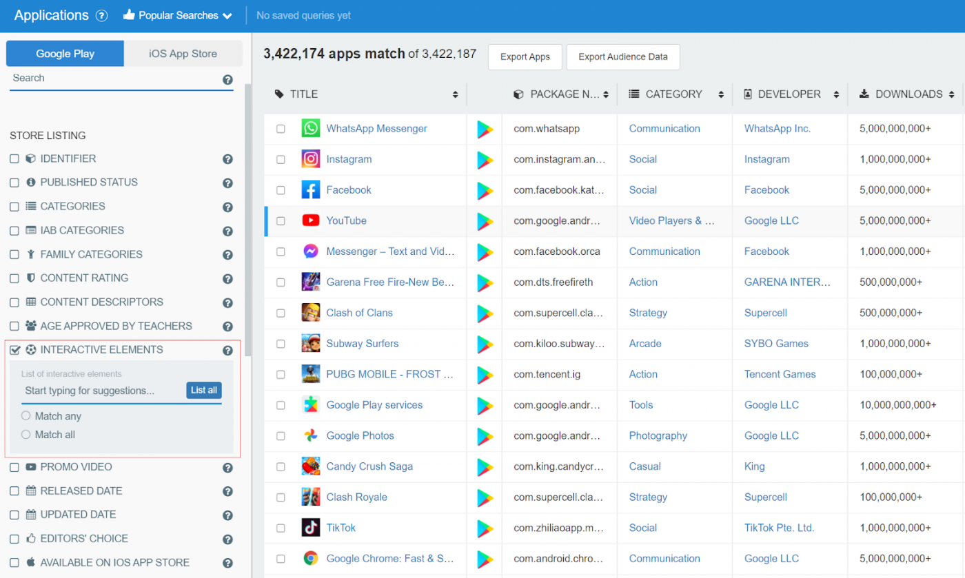 42matters Explorer Interactive Elements Dashboard