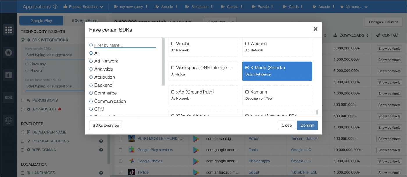 Integrated SDKs filter — X-Mode Controversy.