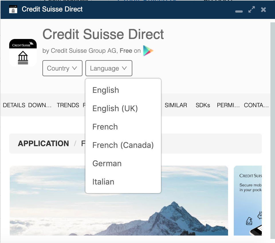 Credit Suisse app language options.