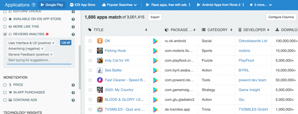 App Reviews Analysis Filter applied to Google Play apps